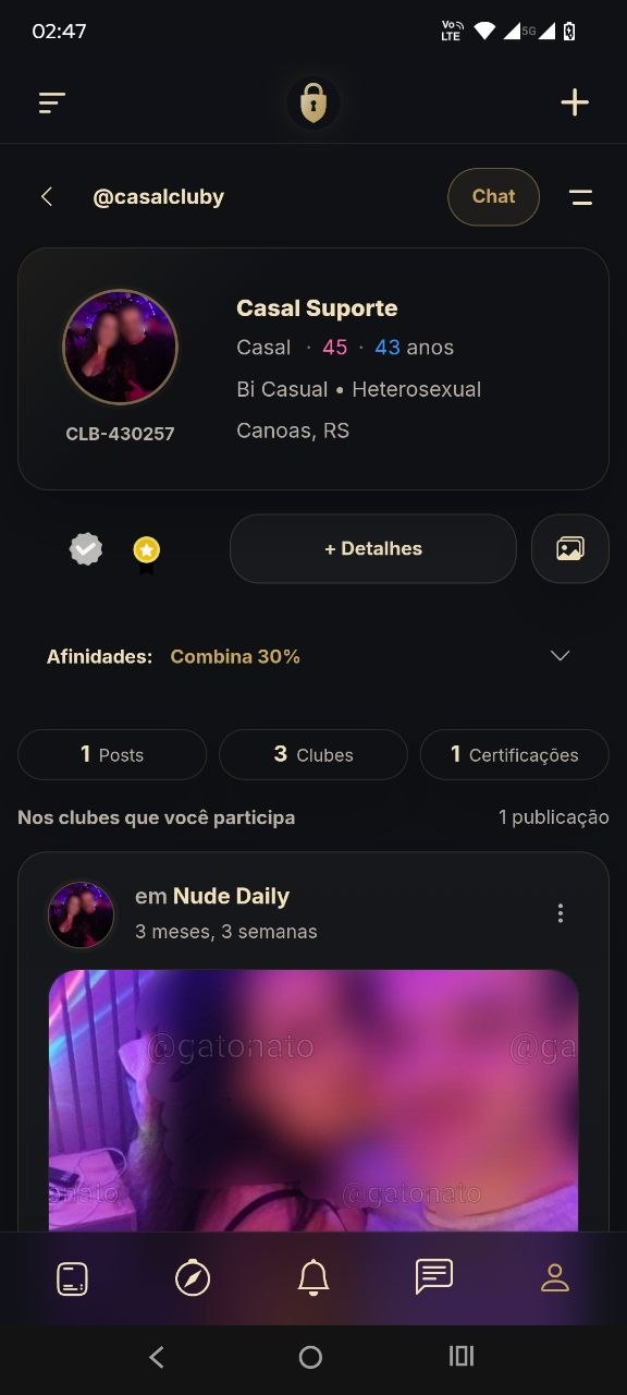 Tela de perfil do Cluby em um smartphone